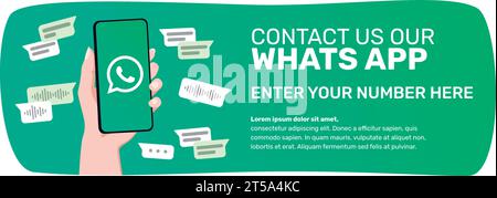 whatsapp banner template. Contact us on our whats app number. Illustration of a woman hand holding a phone with a logotype. Stock Vector