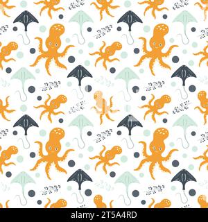 Seamless pattern with sea animals. Octopuses, stingrays in the ocean among marine plants on a white background. Vector illustration. Design for baby d Stock Vector