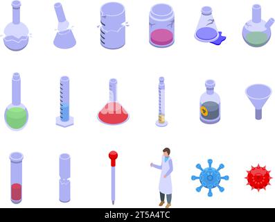 Broken laboratory glassware icons set cartoon vector. Science medical ...