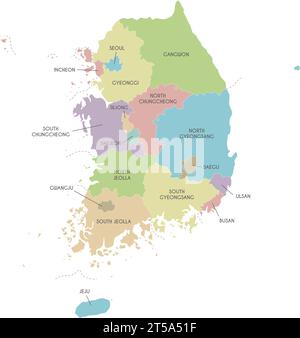 Vector map of South Korea with provinces, metropolitan cities and administrative divisions. Editable and clearly labeled layers. Stock Vector