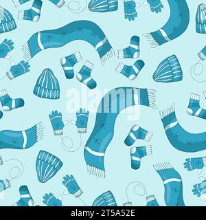 Seamless pattern with winter clothes, scarfs, hats, gloves and mittens and socks wirt snowflakes on a blue background. Stock Vector