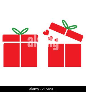 Open and close red gift boxes with green bows on a white background with copy space Stock Vector