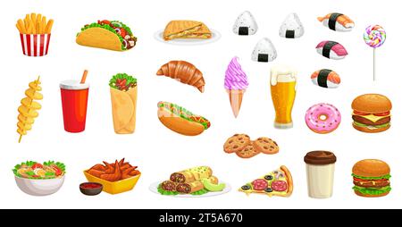 Cartoon fast food burger, drinks and pizza, hamburger and sandwiches, vector icons. Junk food or fastfood chicken and popcorn snack, soda or coffee, burrito and sushi with ice cream for fast food menu Stock Vector