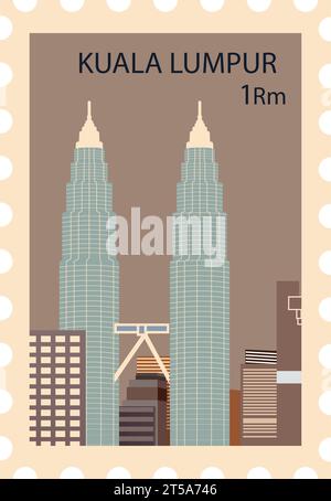 Postal stamp with PETRONAS TWIN TOWERS famous landmark of KUALA LUMPUR, MALAYSIA Stock Vector