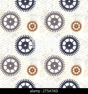 Steampunk style pattern with gear wheels and old Lorem ipsum text, vintage antique steampunk background. Vector illustration Stock Vector