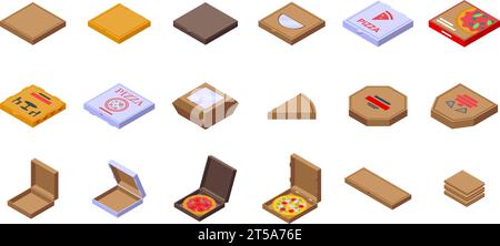 Cardboard pizza box icons set isometric vector. Open empty package. Carton food print Stock Vector