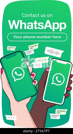 Whatsapp vertical banner template. Contact us at our WhatsApp number. Illustration of two women's hands holding a phone with a whats app logo. Stock Vector