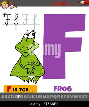 Educational cartoon illustration of letter F from alphabet with frog animal character Stock Vector