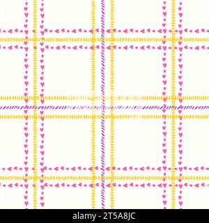 Pastel tablecloth gingham Vector Seamless Pattern with hearts. hand drawn doodle checker background. Cottagecore Garden design. Homestead Farmhouse Su Stock Vector