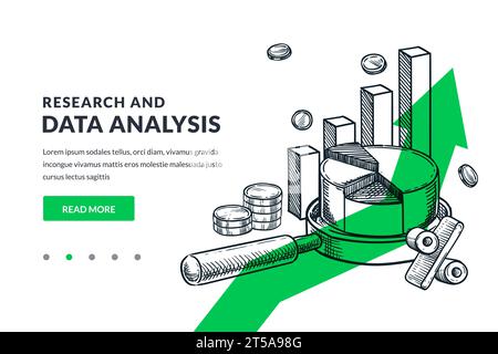 Business data analysis and research concept. Magnifying glass with diagram on green arrow background. Hand drawn vector sketch illustration. Investmen Stock Vector