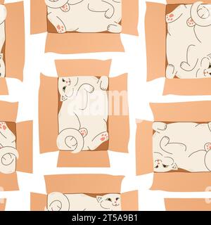 Cute cat in box seamless pattern vector design. Cute funny cats isolated on white background. Template for kids. Stock Vector