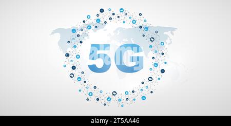 Blue 5G Network Label with Grey World Map and Circular Network Mesh - High Speed, Broadband Mobile Telecommunication and Wireless Internet Design, New Stock Vector