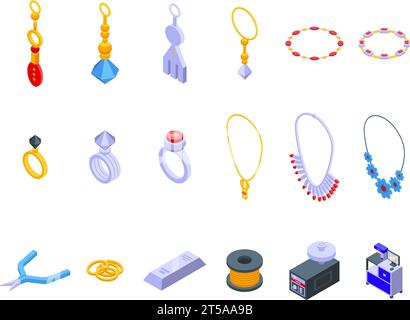 Handmade jewelry store icons set isometric vector. Shop process fashion. Gold woman jewel Stock Vector