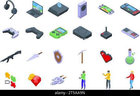 Virtual reality gaming arcade icons set isometric vector. Gamer geek phone. Device metaverse controller Stock Vector