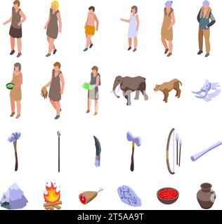 Ancient era family icons set isometric vector. Cave man primitive. Fire wife person Stock Vector