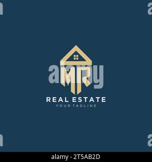 initial letter MR with simple house roof creative logo design for real estate company vector graphic Stock Vector