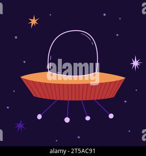 Red alien ship on the background of the starry sky vector illustration. Funny UFO in flat style. Ideal for stickers Stock Vector