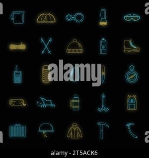 Mountaineering equipment icons set. Outline illustration of 25 mountaineering equipment vector icons neon color on black Stock Vector