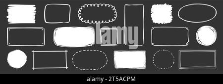 Hand drawn doodle frame on chalkboard background. Box, square, rectangle, circle shape brush pen line stroke scribble element. Hand drawn simple oval, square frame text border. Vector illustration Stock Vector