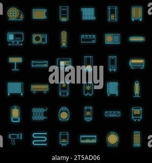Electric heater device icons set. Outline illustration of 36 electric heater device vector icons neon color on black Stock Vector
