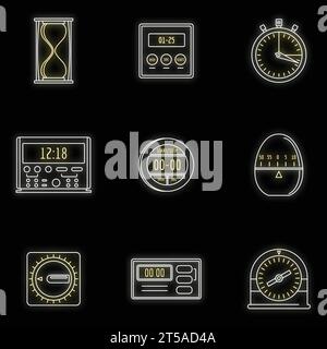 Kitchen timer icons set. Outline illustration of 9 kitchen timer icons neon color on black Stock Vector