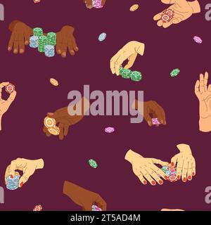Player hands seamless pattern. Vector illustration of playing chips. All in, bet and tricks. Multicultural casino players. Illustrations for gambling Stock Vector