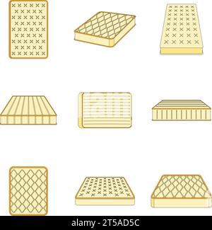 Mattress squab bedding icons set. Outline illustration of 9 mattress squab bedding vector icons thin line color flat on white Stock Vector