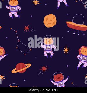 Cosmic seamless pattern with cute animals astronauts, alien ships and planets. Wild animals in outer space. Vector illustration in a flat style. Inter Stock Vector