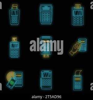 Bank terminal card credit machine icons set. Outline illustration of 9 Bank terminal card credit machine vector icons neon color on black Stock Vector