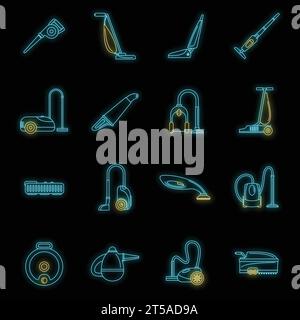 Vacuum cleaner washing appliance icons set. Outline illustration of 16 vacuum cleaner washing appliance vector icons neon color on black Stock Vector