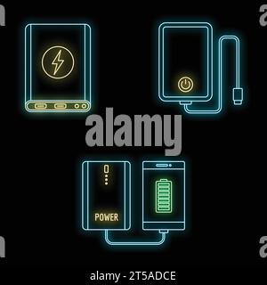 Phone power bank icon set. Outline set of phone power bank vector icons neon color on black Stock Vector