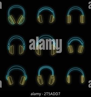 Headphones music listen speakers headset icons set. Outline illustration of 9 headphones music listen speakers headset vector icons neon color on black Stock Vector