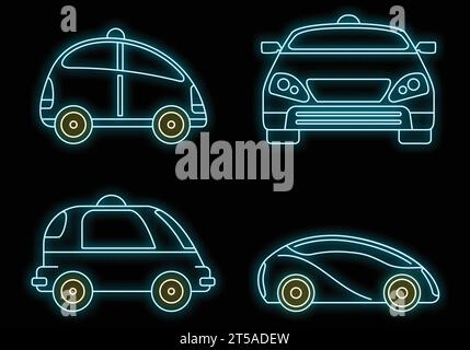Driverless smart car icon set. Outline set of driverless smart car vector icons neon color on black Stock Vector