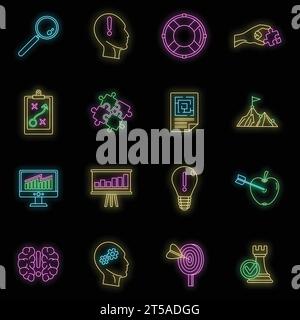 Problem solution icon set. Outline set of problem solution vector icons neon color on black Stock Vector