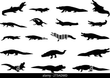 Alligator silhouettes, Crocodile silhouette set, Alligator, Crocodile, and alligator silhouette bundle, Alligator clip art Stock Vector