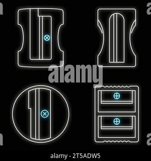 Plastic sharpener icon set. Outline set of plastic sharpener vector icons neon color on black Stock Vector