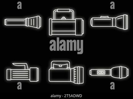 Emergency flashlight icon set. Outline set of emergency flashlight vector icons neon color on black Stock Vector