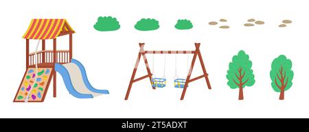 Playground elements isolated on white background. Outdoor equipment for kindergarten or house. Slide, swing, sandbox, trees and stones. Vector cartoon Stock Vector