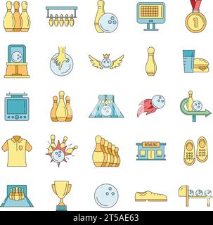 Bowling kegling game icons set. Outline illustration of 25 bowling kegling game vector icons thin line color flat on white Stock Vector