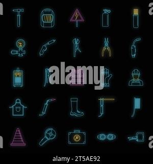 Welder equipment icons set. Outline illustration of 25 welder equipment cargo vector icons neon color on black Stock Vector