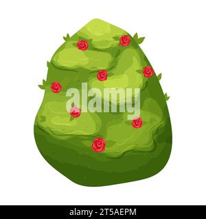 Hedge green bush with red flowers forest or backyard plant with leaves in cartoon style isolated on white ackground. Game decoration, clip art. Vector illustration Stock Vector