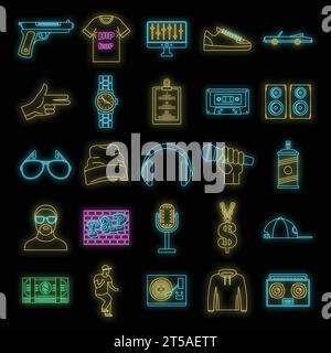 Hiphop rap swag music dance icons set. Outline illustration of 16 hiphop rap swag music dance vector icons neon color on black Stock Vector