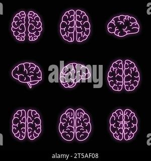 Brain mind icon set. Outline set of brain mind vector icons neon color on black Stock Vector