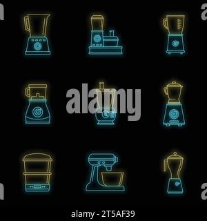 Food processor blender icon set. Outline set of food processor blender vector icons neon color on black Stock Vector