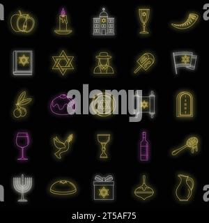 Hanukkah holiday icon set. Outline set of hanukkah holiday vector icons neon color on black Stock Vector