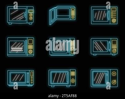 Modern microwave icon set. Outline set of modern microwave vector icons neon color on black Stock Vector