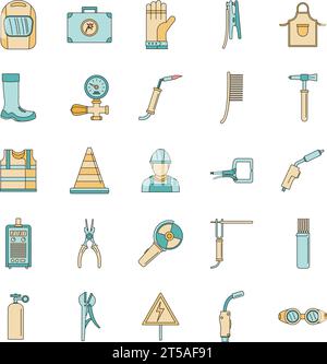 Welder equipment icons set. Outline illustration of 25 welder equipment cargo vector icons thin line color flat on white Stock Vector