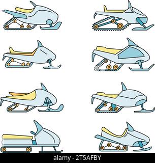 Mountain snowmobile icon set. Outline set of mountain snowmobile vector icons thin line color flat on white Stock Vector