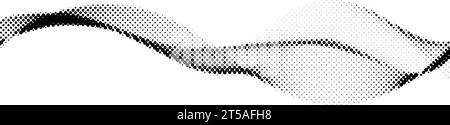 Halftone wave background. Dotted flowing shape wallpaper. Abstract wavy gradient texture. Black and white curved liquid line element for poster, banner, cover. Vector backdrop. Stock Vector