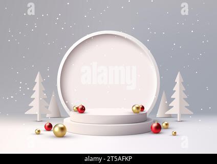 Christmas festive 3D realistic white color podium decoration with pine tree and  gold and red many balls on white wall background. Christmas holiday c Stock Vector